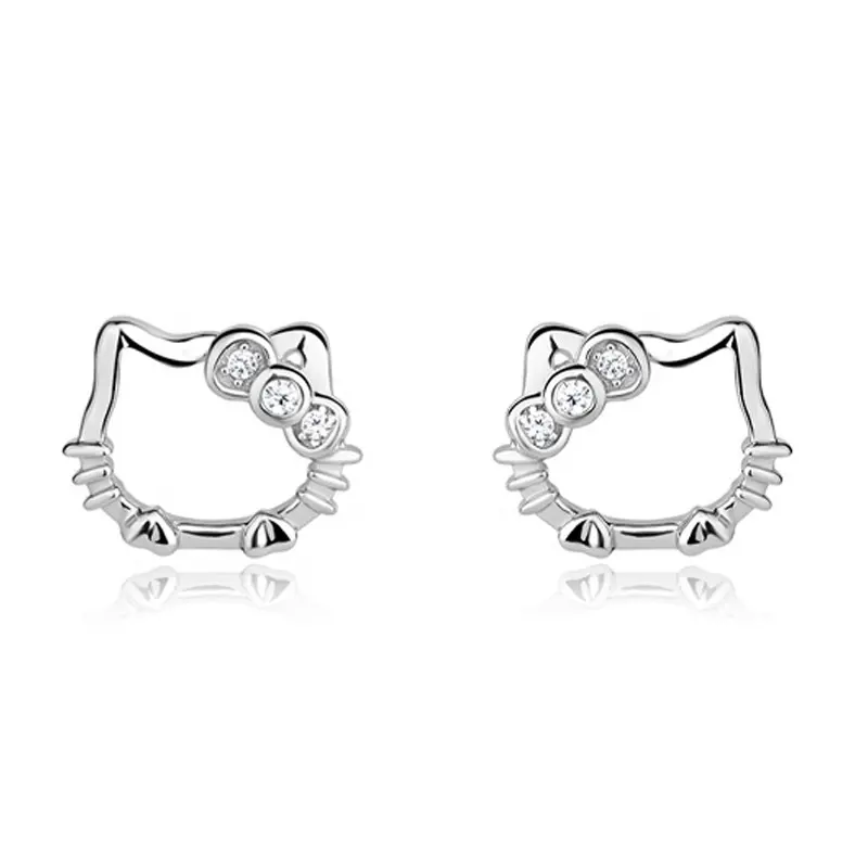 EC34-pendientes de plata con forma de hello Kitty y gato, joyería a la moda, con zirconia, 925