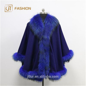 Wholesale Fashion Winter <strong>Women</strong> Real Fox Fur Coat Trimmed Plush Collar Custom <strong>Women</strong> Wool Cape <strong>Cloak</strong> - Product Image 5