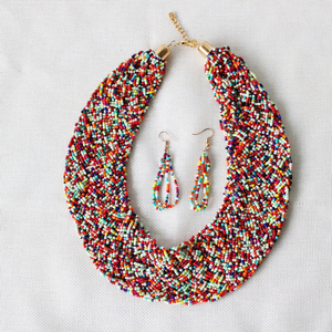 Set kalung Dan anting buatan tangan, Kalung kerah pelangi besar buatan tangan, perhiasan manik-manik biji Afrika gaya Bohemian untuk wanita - Product Image 5