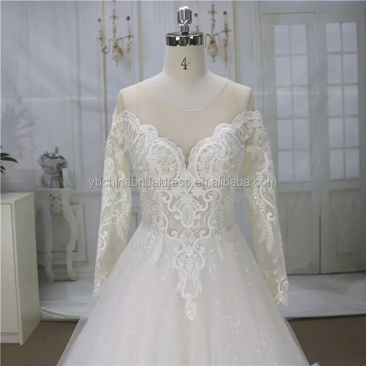 Beautiful french lace pattern with A line tulle skirt long sleeve lace wedding dresses