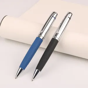 2020 New chrome silver High-end novelty advertising personalized logo blue black leather twist ball point pen with PU leather