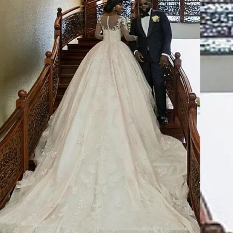 African Ball Gown Lace Wedding Dress with Long Monarch Train