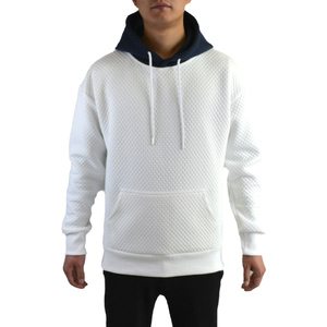 Los hombres Waffle tejido Jacquard sombrero Color contraste bolsillo canguro Jersey Casual en blanco con capucha - Product Image 1
