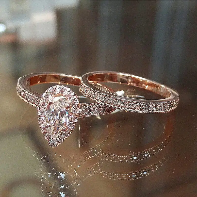CAOSHI Fashion Rose Gold Plated New Design 2pcs CZ Women Engagement Wedding Ring Set