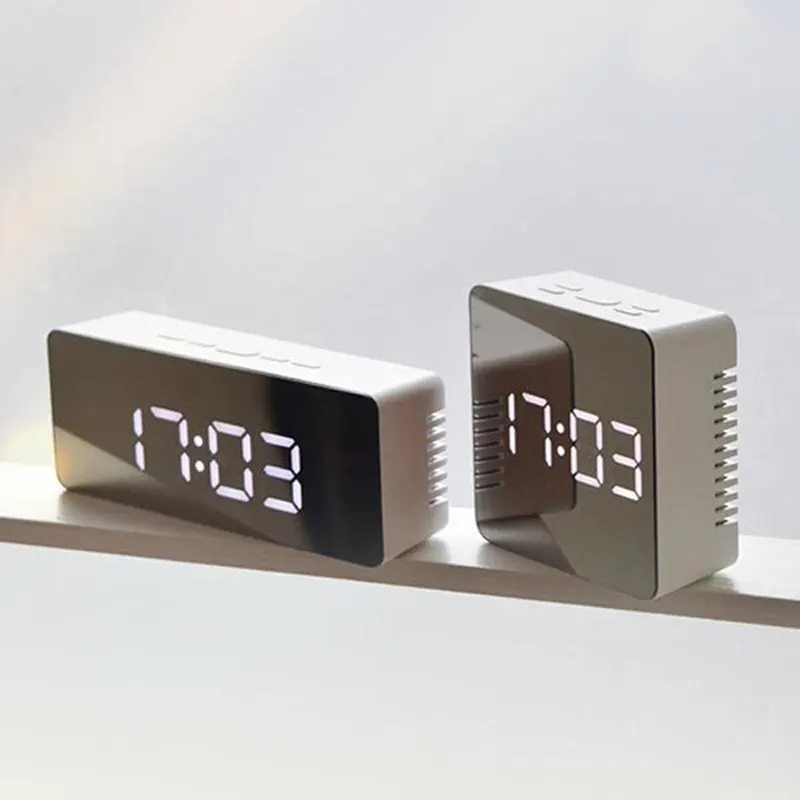 Jam Alarm LED Meja Digital, Permukaan Cermin Portabel Alarm Keras Alarm