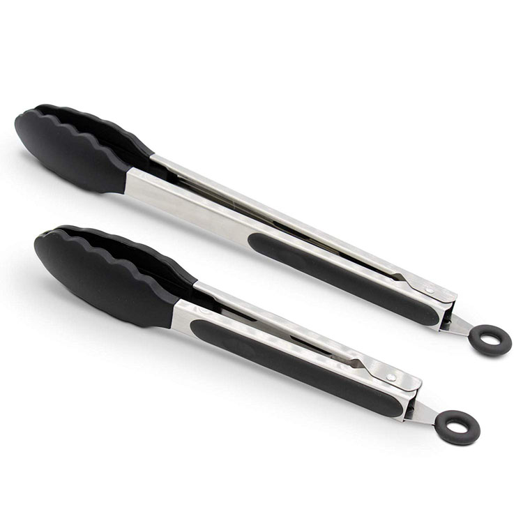 Premium quality anti slip stainless steel handle 2 pack black locking kitchen tongs silicone food tongs