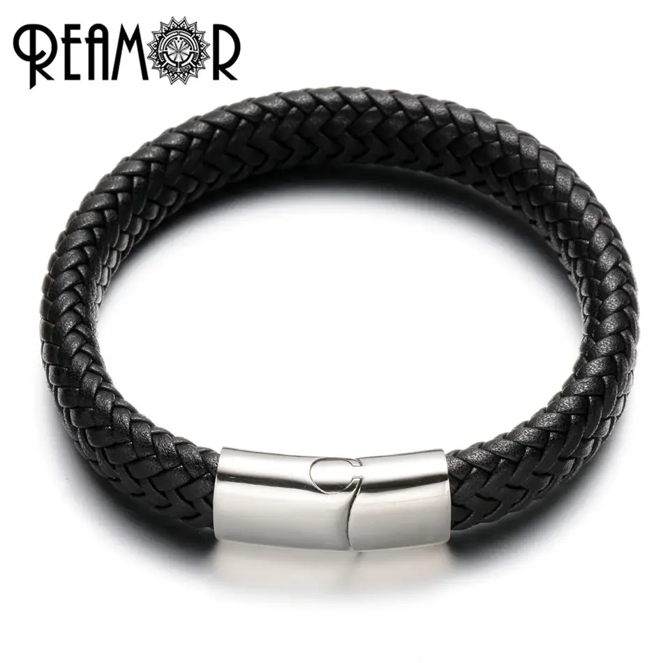 REAMOR Simple Style Male Wide Braided Leather Charms Bracelet with 316L Stainless Steel Magnet Buckle Men Bracelets Jewelry