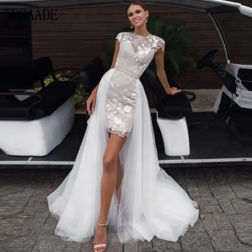 Özel tasarım fildişi aplikler dantel düğün elbisesi ayrılabilir etek ile kemer gelinlikler Vestido de novia 2020 son