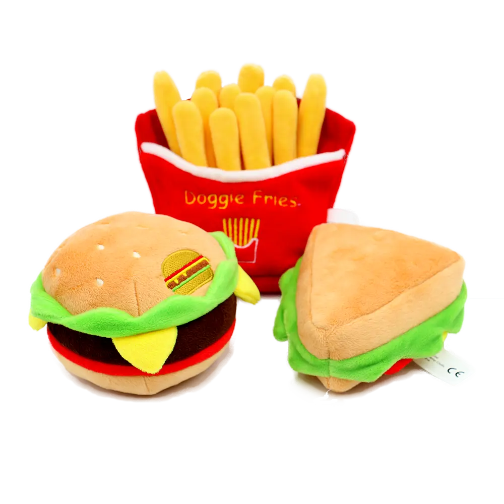 China OEM food hamburger sandwich French fries pet Toys For Dog with Squeaker
