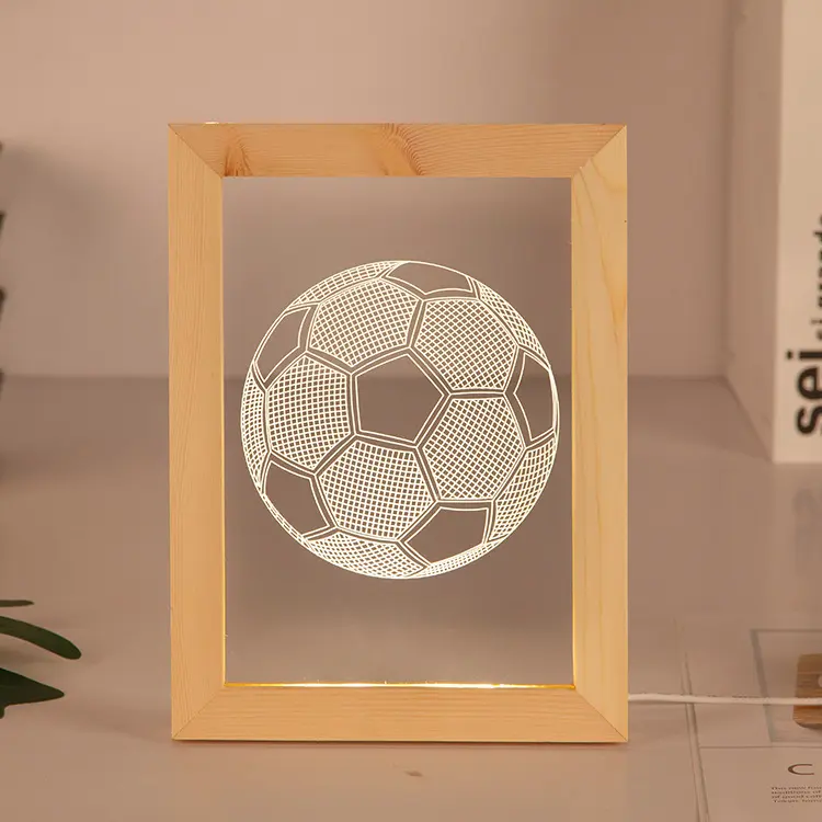 Veilleuse LED 3D avec cadre Photo, lampe USB décorative, pour bureau, Football en bois, décoration artistique, pour chambre à coucher, cadeau de noël