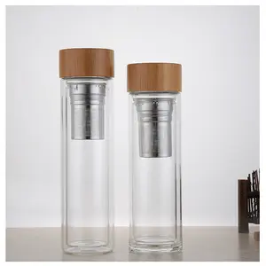 Рекламная бутылка для воды без бисфенола А с двойными стенками, стеклянная бутылка для заварки листового чая с бамбуковой крышкой