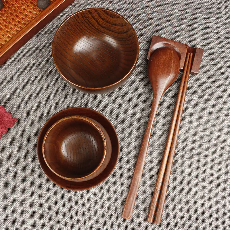 عالية الجودة الطبيعية أدوات مائدة خشبية 6 قطعة وعاء كوب ملعقة عيدان لوحات أواني الطعام عشاء مجموعة