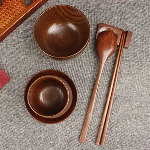 高品質の天然木製食器 6 個のボウルカップスプーン箸プレート食器ディナーセット