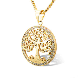 Vente en gros Collier à pendentif <span class=keywords><strong>arbre</strong></span> de vie pavé de cristal en acier inoxydable plaqué or étanche - Product Image 1