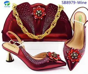 2019 Fashion popular wine red genuine leather italian shoes and bag sets