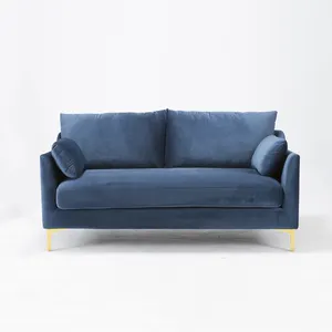Sofa 2 Dudukan Beludru Biru, Kursi Santai Aksen Tempat Duduk dengan Kaki Emas untuk Ruang Tamu, Tamu Hotel, Kafe
