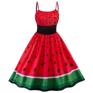 YQ417 karpuz Baskılı Yaz Kadın Elbise Retro Vintage Sundress Parti Törenlerinde Hepburn Rockabilly Salıncak Sling Elbiseler