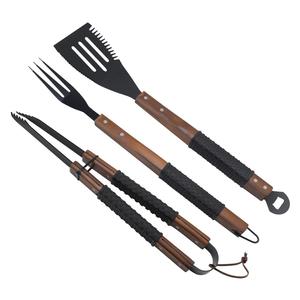 Mango de madera de barbacoa utensilios de acero inoxidable no-stick accesorios de barbacoa <span class=keywords><strong>parrilla</strong></span> pinzas de cuero con colgada en la pared. - Product Image 6