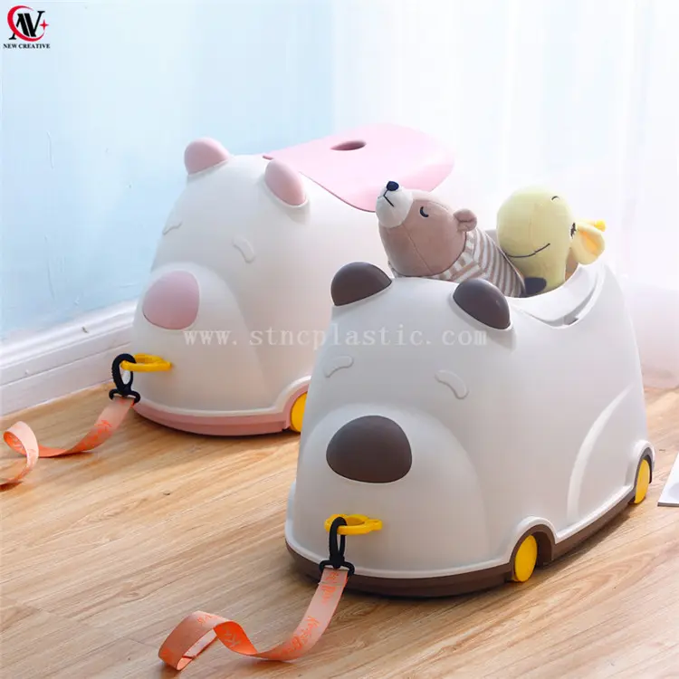 PLASTIC BEAR SHAPED TOY STORAGE BOX WITH WHEELS AND STRAP