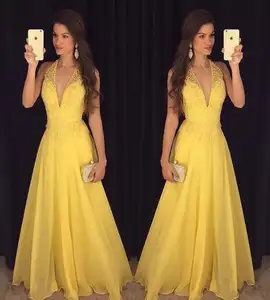 Halter cuello en V Sexy y de la gasa indio amarillo Puffy Prom vestidos