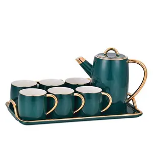 Europese Turquoise Kleur Luxe Moderne Koffie Thee Cup Sets Lade Porselein Thee Set Met Theepot