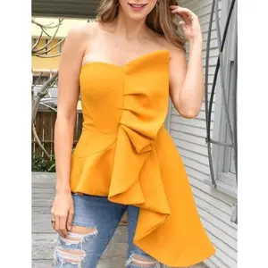 Blusa sem ombro irregular, moda sem ombro, com babados, para moças, clube