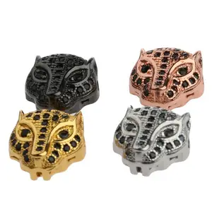 AliExpress Wish hot sell micro pave jaguar head black zircon animal bracelet perforated accessories leopard charms beads