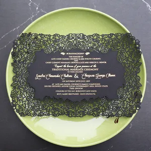 Tarjeta de invitación de boda con corte láser, elegante papel de lujo negro, tarjetas de menú láser personalizadas