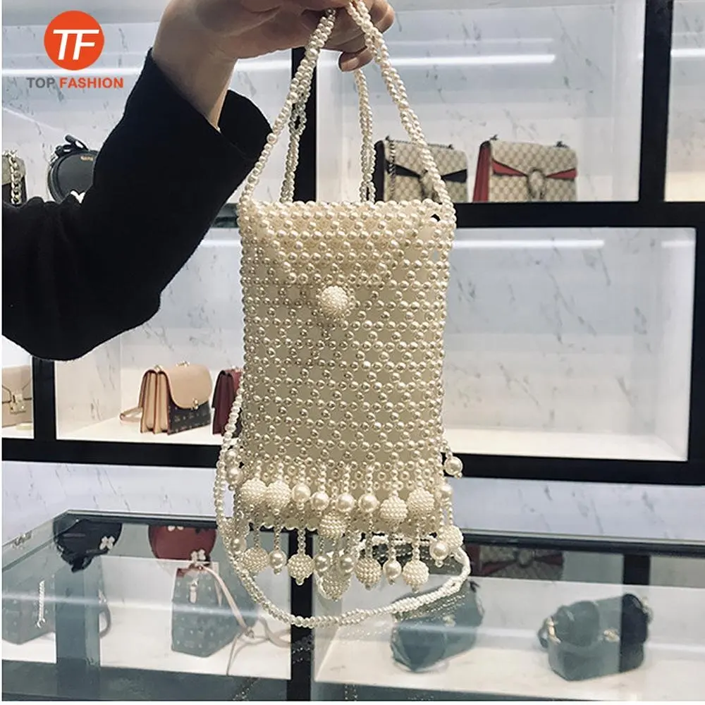 Nice Handmade Resin Pearls Phone Purse Women Beaded Handbag with Tassel