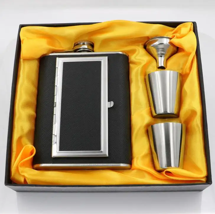 Leak-proof 6 unze Stainless Steel leder gewickelt Hip Flask mit Cigarette Case und zwei 2 unzen edelstahl Shot Glasses