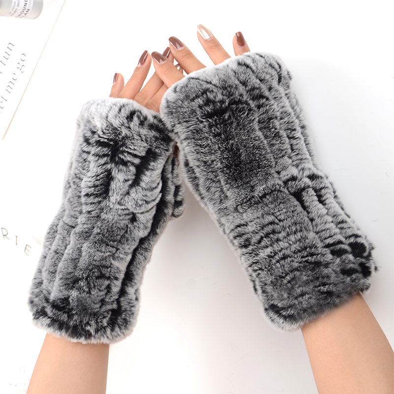 Real Rabbit Fur Gloves For Women Warm Winter Fingerless Leather Bracer Knitted Wrist Gloves