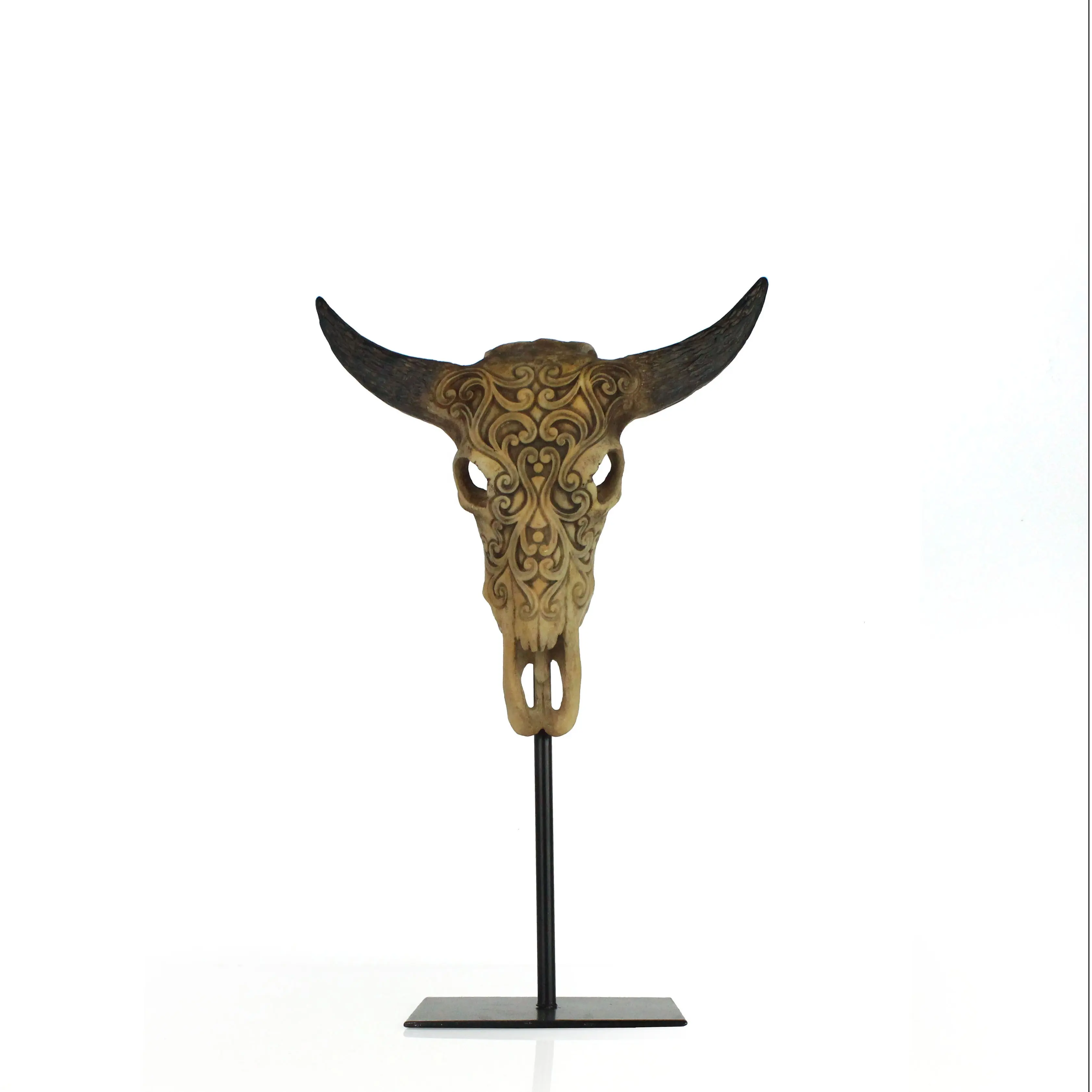 Cabeça de vaca de resina para decoração, cabeça de escultura de crânio de resina base para decoração de casa com metal decoração de casa arte animal áfrica