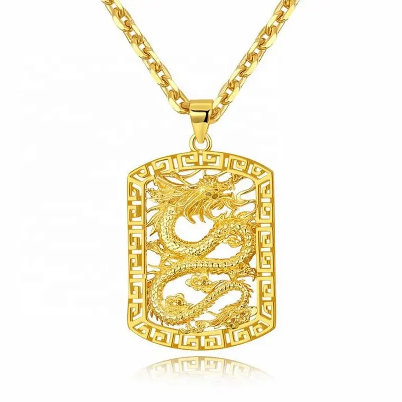 MECYLIFE Gold Necklace For MEN Fashion 18K Gold Plated Square Dragon Pendant Wholesale Men Necklace