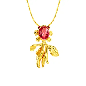 Collier en forme de poisson avec pendentif ap02 xlx4168, chaîne en or avec pierre rouge rubis, animal plaqué or + prix emas kalung 24 carats
