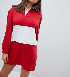 De la <span class=keywords><strong>mujer</strong></span> rojo/blanco de manga larga de la camiseta de Rugby vestido con Panel en contraste de - Product Image 1