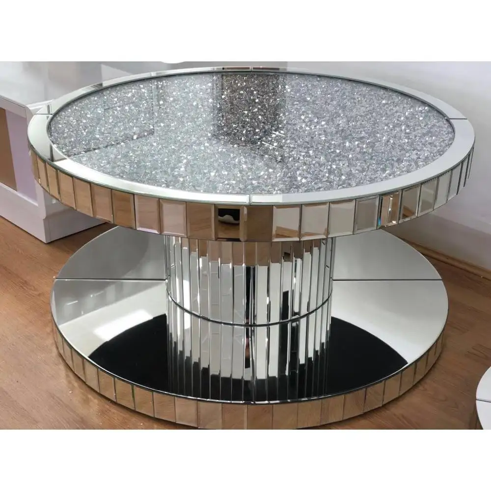 Stylish home furniture direct sell crushed diamonds top mirrored coffee table