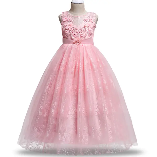 Latest pink big girl dresses for weddings lace girl evening gown for girls Embroidered Design children birthday party dress