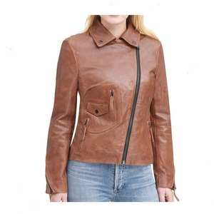 Diseño Dark Beige Biker Jacket para mujer Sporty Real Leather Fashion Cheap Wholesale New Arrivals - Product Image 1