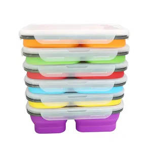 BPA Free Food Grade Leakproof Silicone Collapsible 3 Compartment Bento Lunch Box Folding Silicone Food Container