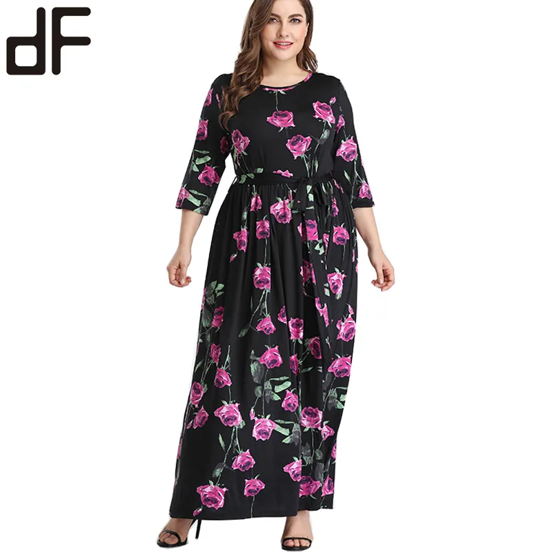 Robe de soirée pour femmes, grandes tailles, col rond, manches longues, extensible, avec imprimé floral, maxi, vente en gros, nouvelle collection 2020