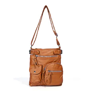 Wholesale bags women sling soft leather-Fashion wash PU leather ladies shoulder cross body satchel womens sling bag