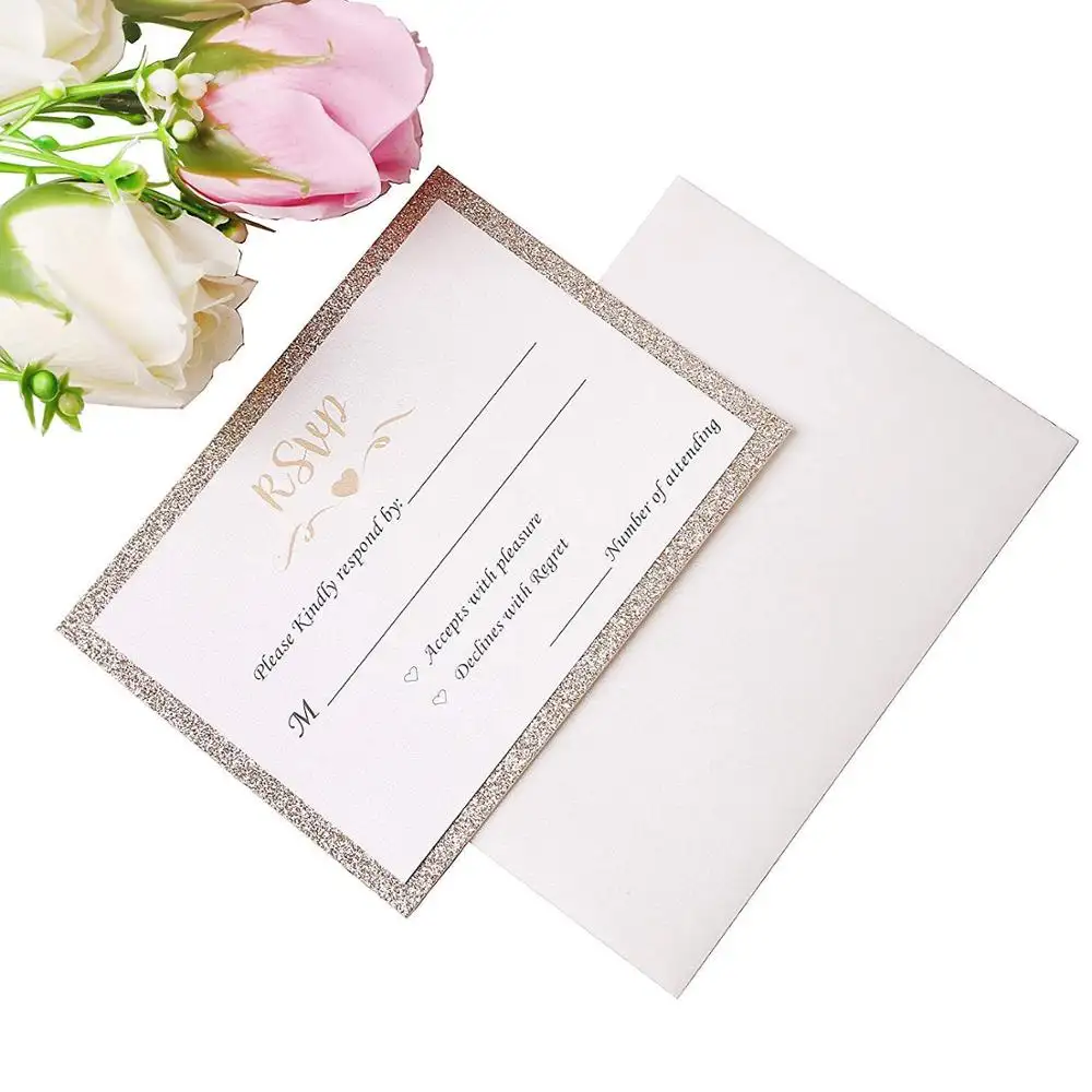 Pcs Lot 25 Glitter Dourado Cartões Com Impresso + Livre Envelopes Do Convite Do Casamento de Papel Cartolina Glitter Glitter