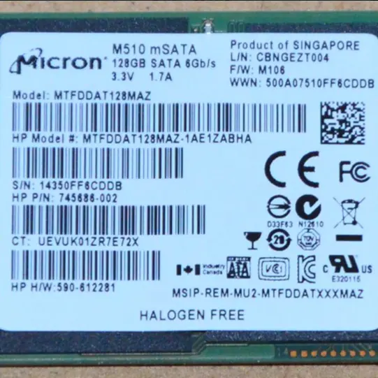745686-002 MTFDDAT128MAZ-1AE1ZABHA HP Mikron M510 <span class=keywords><strong>mSATA</strong></span> 128 GB SATA 6 Gb/s SSD