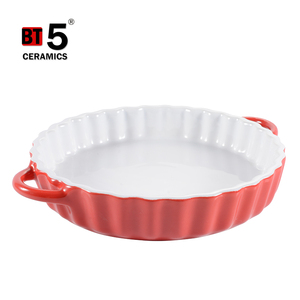 Redondo rayas <span class=keywords><strong>queso</strong></span> al horno de arroz para hornear de cerámica pastel placa al por mayor con asas - Product Image 1