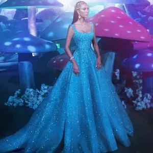 Luxus Kristall Sexy Teuer Blau Glitter Hohe Qualität Abendkleid