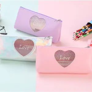Рекламная Подарочная сумка из искусственной кожи с сердцем для девушек, вместительная косметичка, креативные школьные канцелярские принадлежности, пенал, лазерная ручка, сумка