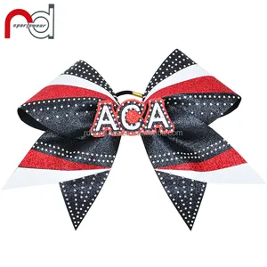 Aangepaste LOGO crystal Sparkle Lint Rood zwart glitter metselwerk Cheerleading Haar Boog