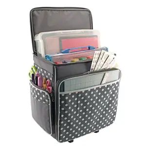 Grey Polka Dot Rolling Scrapbook Storage Tote Trolley Bag with Telescoping Handle and Dual Wheels