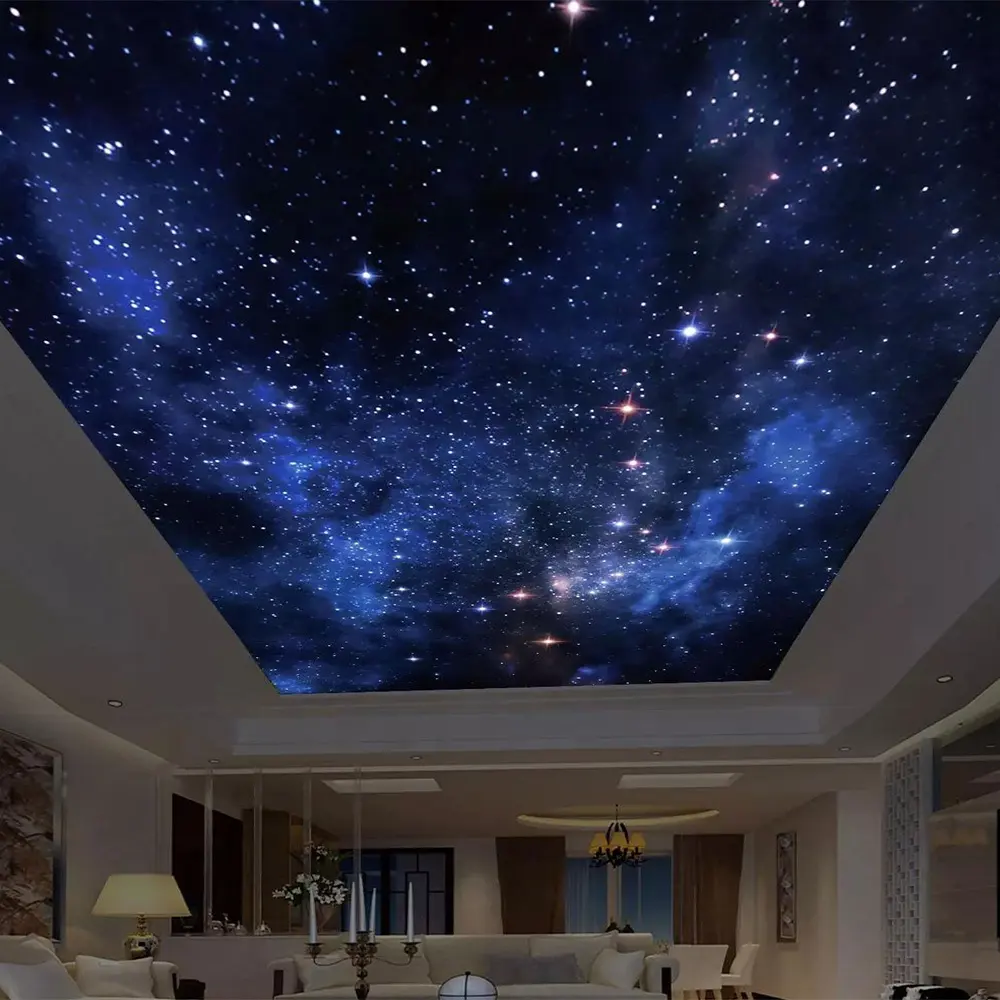 Galaxy uzay yıldızlı Pop gece gökyüzü pvc gergi tavan tasarımı için duvar ve tavan paneli 3D etkisi PVC gergi tavan filmi