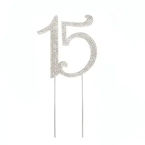 Diamantes de imitación grandes de 4,7 pulgadas, cristal de plata, quinceañera, número de cumpleaños 15, decoración para pastel
